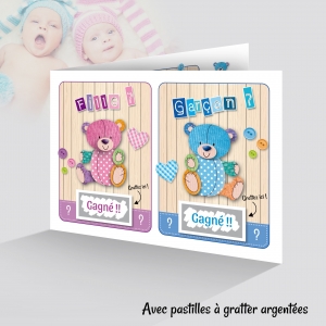 Beau faire part Naissance à GRATTER jumeau jumelle Humour avec oursons rigolo avec ou sans photo
