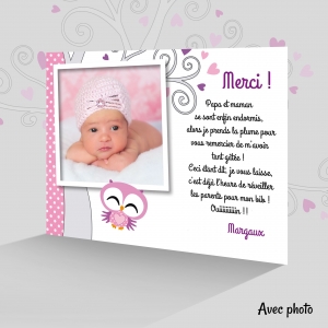 Belle carte de remerciement fille avec chouette et photo