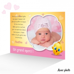 Carte de Remerciement Fille Mignon Poussin Rigolo avec Petits Coeurs