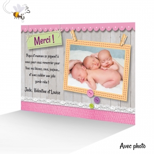 Carte de Remerciement Naissance Originale photos Triplets Filles