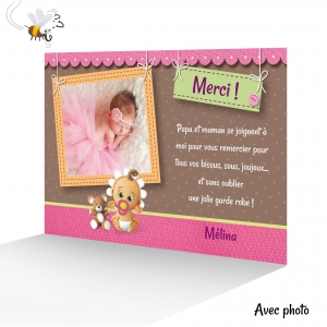 Carte de Remerciement Tendance Fille avec Joli Cadre pour votre Photo