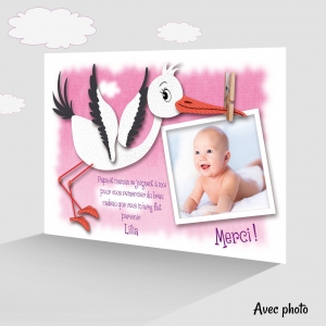 Carte de Remerciements Photo Cigogne Fille Joli Fond Rose avec Nuages