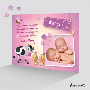 Carte Remerciement Exclusive Photo Jumeaux Fille Rose avec Vache Humoristique