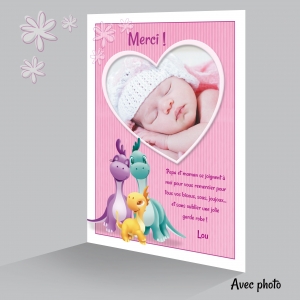 Carte Remerciement Photo Fille Petit Dinosaure et Photo dans un Cœur