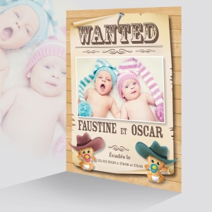 Faire Part de Naissance Jumeaux Mixte Humour WANTED Fille et Garçon