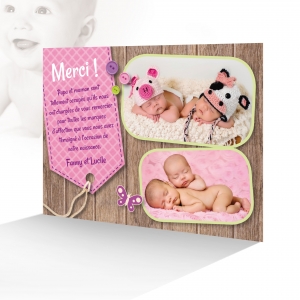Jolie Carte de Remerciement Jumeaux Fille Spéciale avec 2 Photos