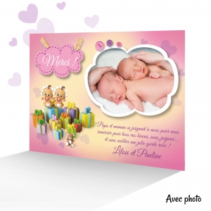 Magnifique Carte de Remerciement Photo Jumelles Rose Rigolo avec Cadeaux