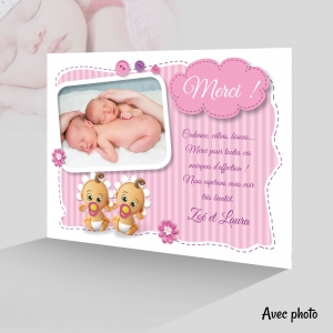 Magnifique Carte Remerciement Naissance Elégante Jumeaux Fille