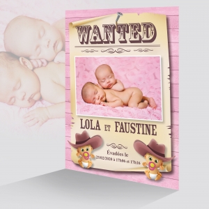 Nouveau Faire-part de Naissance Jumelles WANTED Humour avec une Photo