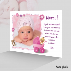 Très Belle Carte de Remerciements Fille Tendresse avec Poussette Rose
